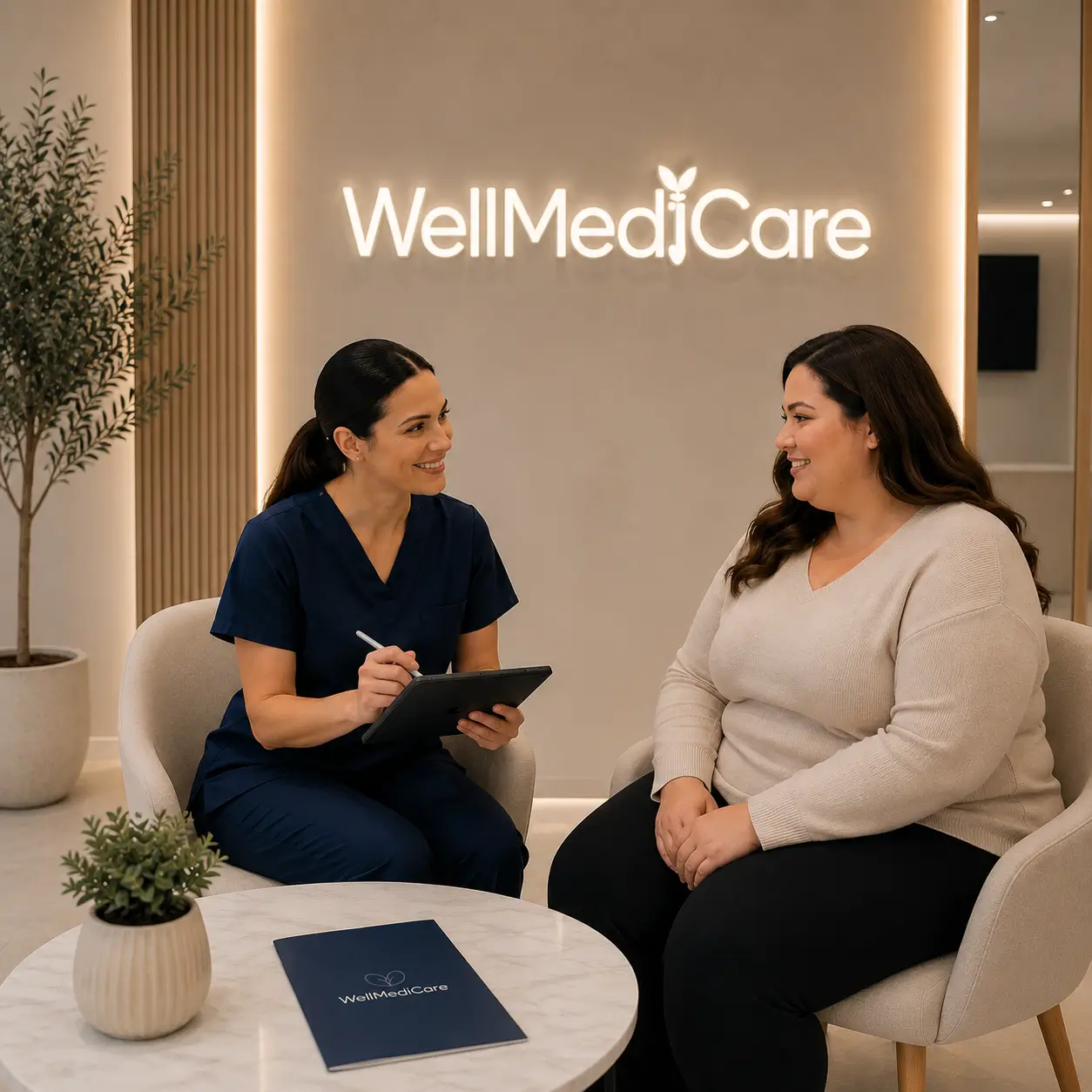 A WellMediCare clinician discussing a weight loss programme with a client